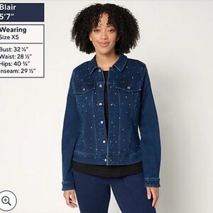 Quacker Factory Dark Indigo Snap front Jean Jacket with rhinestones